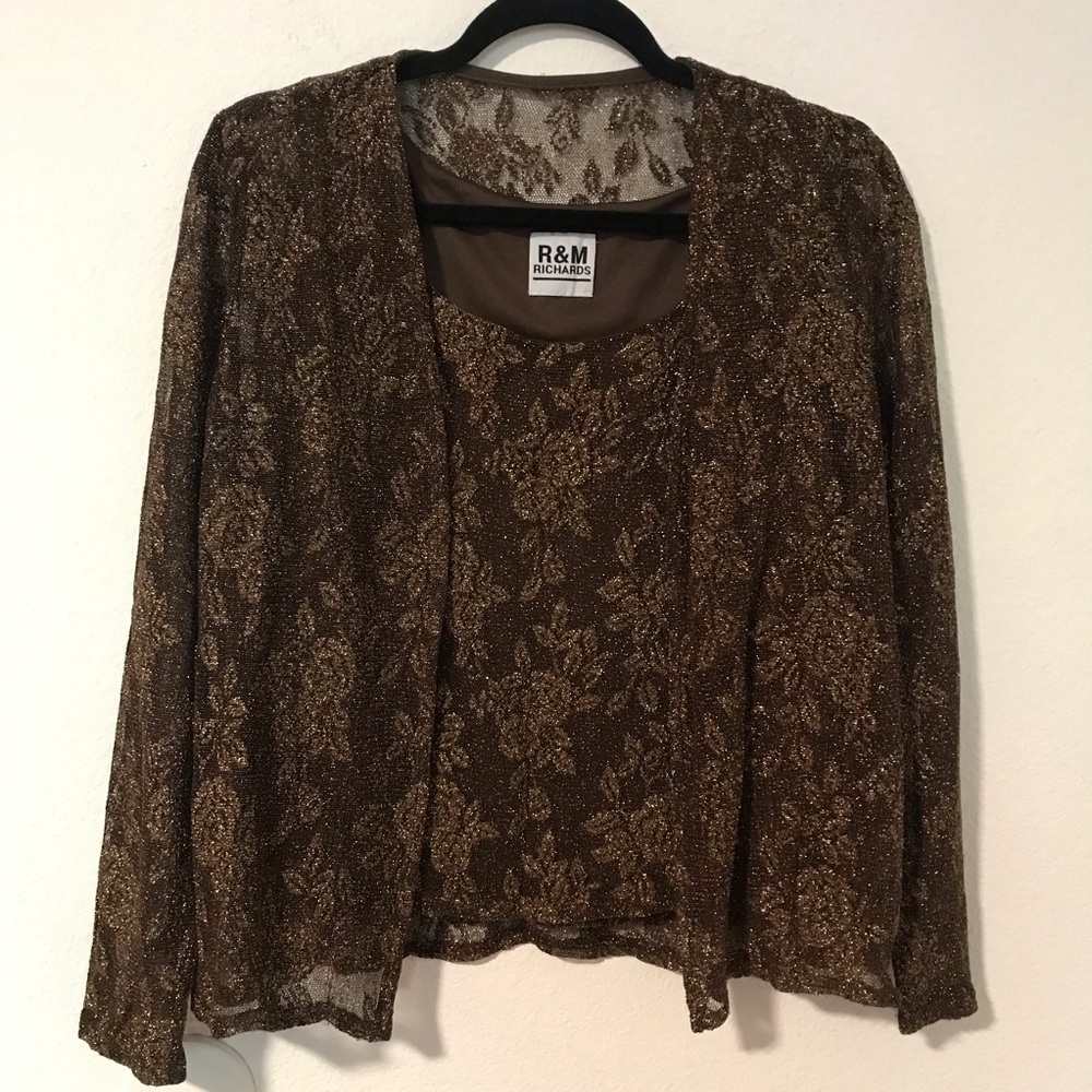 Vintage R&M Richards Brown Metallic Floral Sheer 2 Piece Top